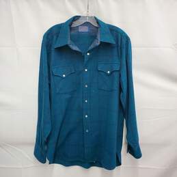 VTG Pendleton MN's 100% Virgin Wool Pearl Snap Button Blue Green Plaid Long Sleeve Shirt Size L alternative image