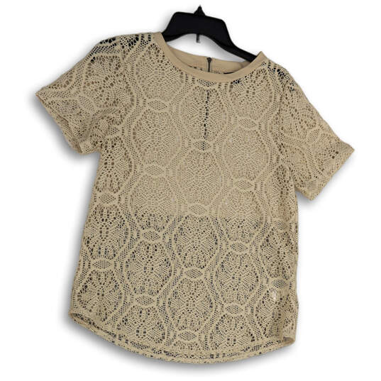 Womens Tan Crochet Short Sleeve Round Neck Back Zip Blouse Top Size S image number 1