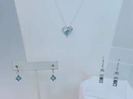 Contemporary 925 Faceted Blue Glass & Cubic Zirconia Heart Pendant Necklace & Aqua & Rhinestones Bar Drop Earrings 6.6g