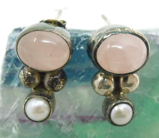 Artisan 925 Black Glass Balls Liquid Silver Necklace Rose Quartz Cabochon & Pearl Post Earrings & Ball Bead Chain Bracelet 21.6g image number 4