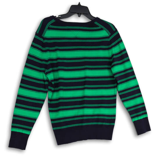 Womens Blue Green Striped V-Neck Long Sleeve Pullover Sweater Size L/G image number 2