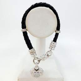 Judith Ripka 925 Cubic Zirconia Accented Rope Heart Charm Braided Black Cord Bracelet 26.9g alternative image