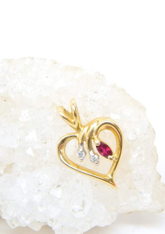 14K Yellow Gold Red Spinel & Diamond Accent Open Hear Pendant 1.4g image number 3