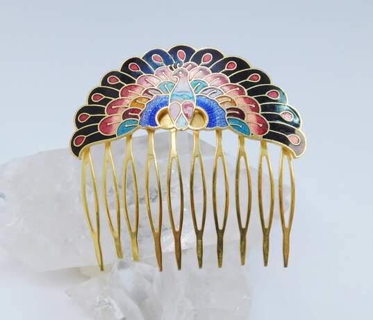 Elegant Asian Inspired Cloisonne Enamel & Faux Jade Hair Comb Earrings Pendants & Brooches 65.0g image number 2