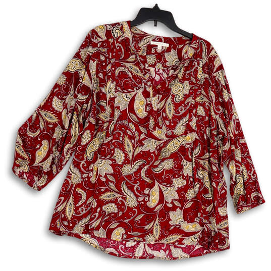 Womens Red Paisley Pleated Split Neck 3/4 Sleeve Blouse Top Size 1X image number 1
