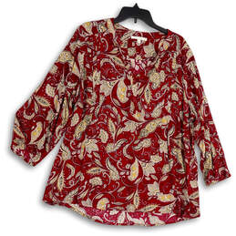 Womens Red Paisley Pleated Split Neck 3/4 Sleeve Blouse Top Size 1X