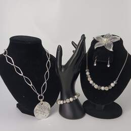 White Gold Tone Necklace, Bracelet, Earring & Pendant Costume Jewelry Set