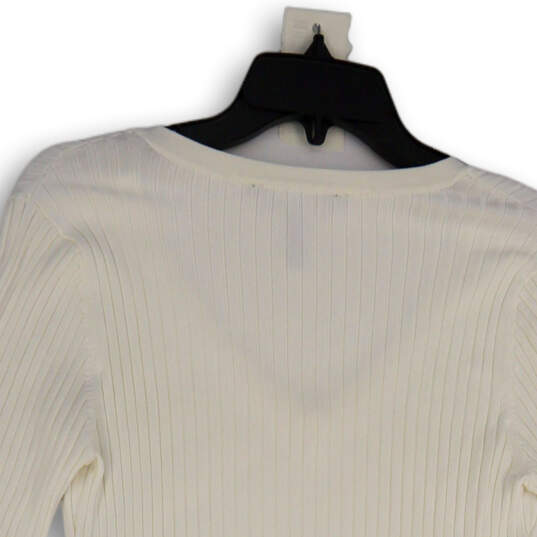 Womens White V-Neck Knitted Long Sleeve Cut Out Elbow Pullover Sweater Sz M image number 4