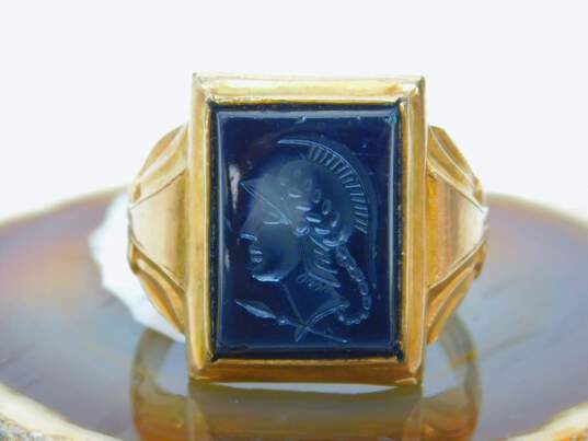 Vintage 10K Gold Carved Warrior Intaglio Onyx Rectangle Statement Ring 6.7g image number 1