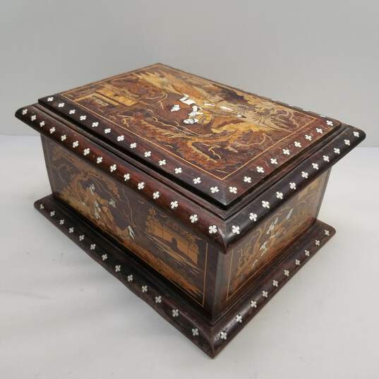Marquetry inlay  Wood Box Indian Motif  Vintage Decorative Box image number 7