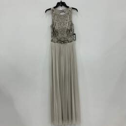 NWT Adrianna Papell Womens Gray Beaded Sleeveless Round Neck Maxi Dress Size 4