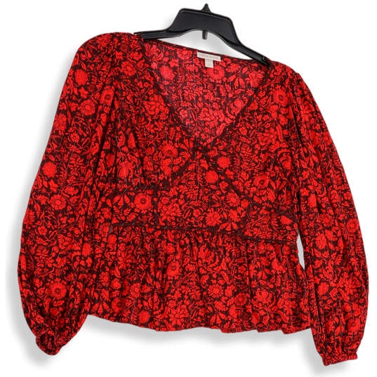Womens Red Floral Long Sleeve Metallic Stripes Pullover Blouse Top Size L image number 1