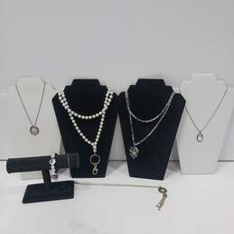 Set of Assorted Silver Tone w/ Black & White Beaded Gemstone  Costume Jewelry Pieces