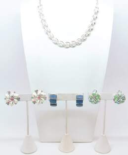 Vintage Lisner Silver Tone Icy Enamel & Lucite Earrings (3 Pair) w/Coro Silver Tone Leaves Chain Link Necklace 70.5g