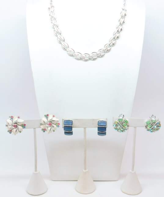 Vintage Lisner Silver Tone Icy Enamel & Lucite Earrings (3 Pair) w/Coro Silver Tone Leaves Chain Link Necklace 70.5g image number 1