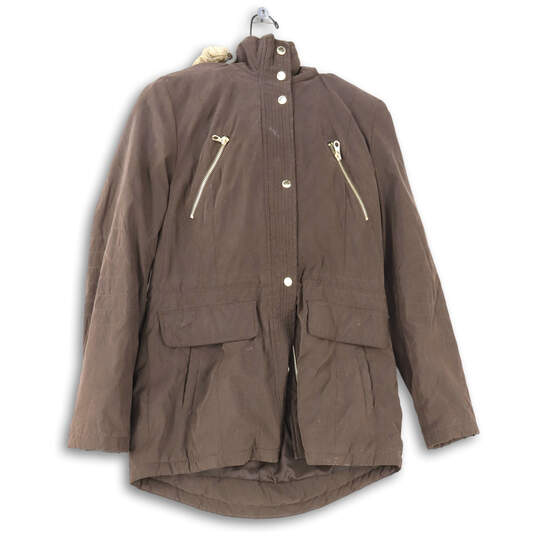 Womens Brown Long Sleeve Hooded Full-Zip Parka Jacket Size Medium image number 1