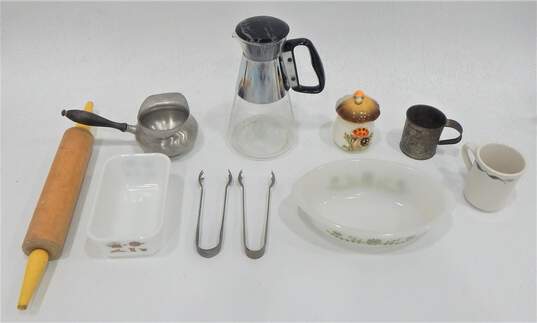 Vintage Kitchen Items Lot Mushroom Sugar Bowl Carafe Pyrex Glasbake Dishes + image number 1
