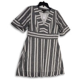 NWT Womens Gray White Striped Short Sleeve V-Neck Short A-Line Dress Size 8