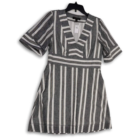 NWT Womens Gray White Striped Short Sleeve V-Neck Short A-Line Dress Size 8 image number 1