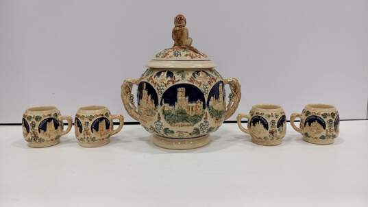 Gerz German Rumtopf Castle Stoneware Punch Bowl Tureen Set With 4 Mugs image number 3