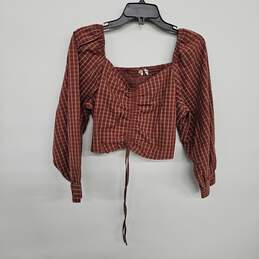 Plaid Crop Top Blouse With Drawstring
