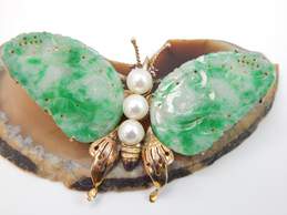 Vintage 18K Yellow Gold Jade Ruby & Pearls Butterfly Statement Brooch 14.4g