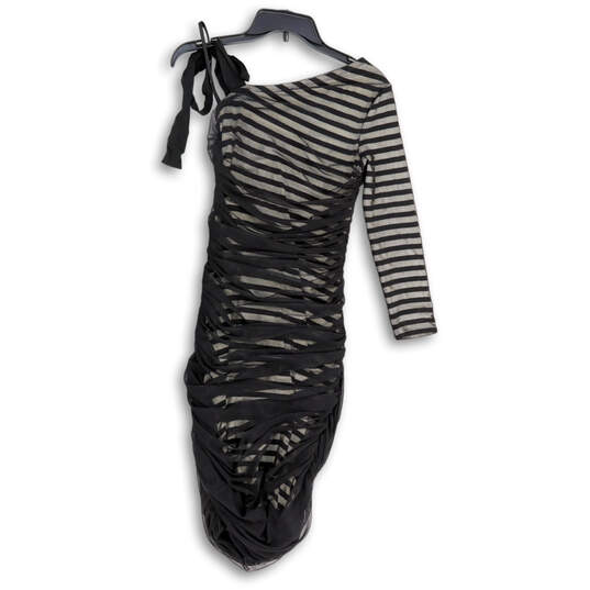 Womens Black White Striped Ruched Mesh Overlay Bodycon Dress Size Small image number 1