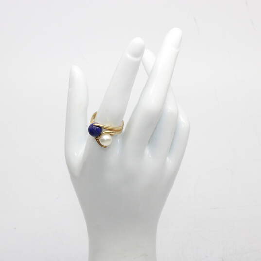 14K Yellow Gold Blue Lapis & Pearl Ring size 7.75 - 6.4g image number 1