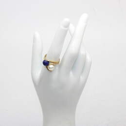 14K Yellow Gold Blue Lapis & Pearl Ring size 7.75 - 6.4g