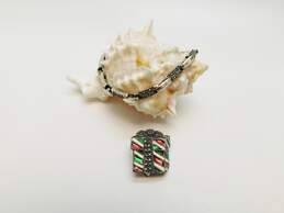 Judith Jack & Romantic 925 Red Green & White Enamel Christmas Gift Box Brooch & Marcasite Tennis Bracelet 24.7g