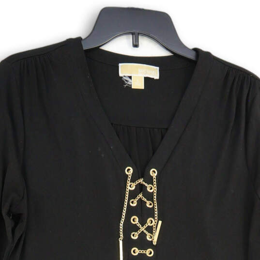 Womens Black Long Sleeve Chain Detail Lace-Up Neck Tunic Blouse Top Size L image number 3