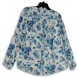Womens White Blue Floral Split Neck Long Sleeve Pullover Blouse Top Size L alternative image
