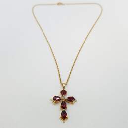 14K Gold Diamond Garnet Cross Pendant Necklace 3.5g