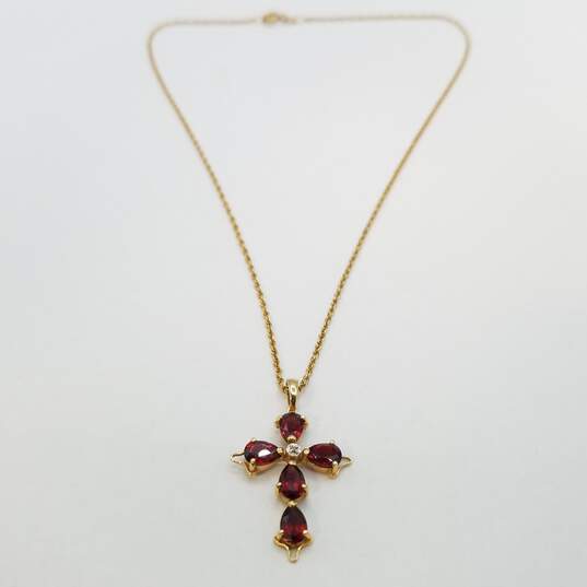 14K Gold Diamond Garnet Cross Pendant Necklace 3.5g image number 1