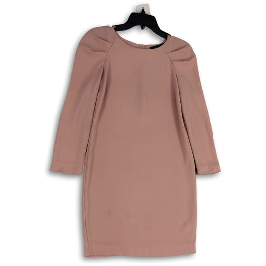 Womens Pink Round Neck Long Sleeve Pleated Knee Length Sheath Dress Size XS image number 1