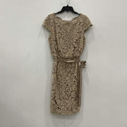 Womens Brown Floral Lace Back Zip Overlay Knee Length Blouson Dress Size 14
