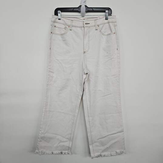 White Denim Wide Leg High Rise Fringe Jeans image number 1
