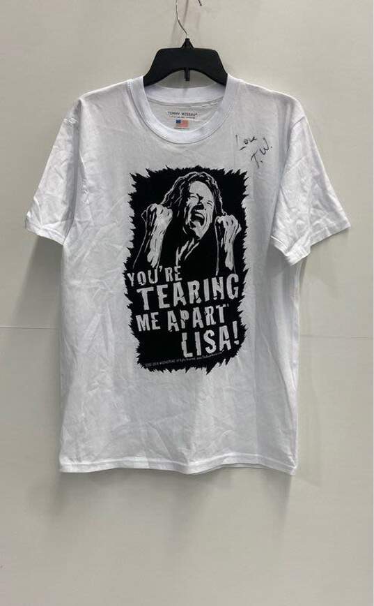 The Room "You're Tearing Me Apart Lisa" White T-Shirt Signed by Tommy Wiseau image number 1