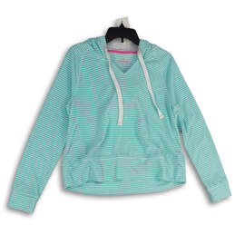 Womens Teal White Striped Long Sleeve Pullover Hoodie Size Medium
