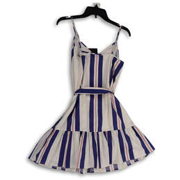 NWT Womens White Blue Striped V-Neck Spaghetti Strap Waist Tie Mini Dress 4 alternative image