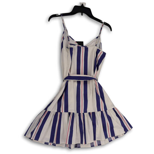NWT Womens White Blue Striped V-Neck Spaghetti Strap Waist Tie Mini Dress 4 image number 2