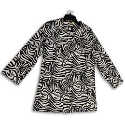 Womens White Black Zebra Print Long Sleeve Collared Trench Coat Size Small