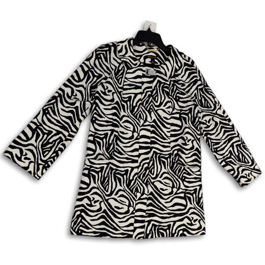 Womens White Black Zebra Print Long Sleeve Collared Trench Coat Size Small image number 1