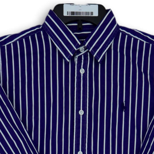 Mens Blue White Striped Long Sleeve Spread Collared Dress Shirt Size 14 image number 3