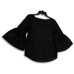 Womens Black Lace 3/4 Bell Sleeve Pullover Blouse Top Size M