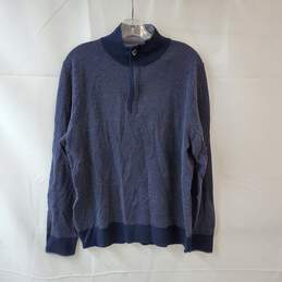 Large Size Blue with White Stripe Quarter Zip Merino Wool Pullover