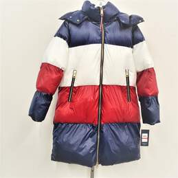 Tommy Hilfiger NWT Hooded Puffer Coat in Color-Block Red/White/Blue - Women's XS