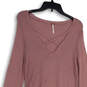 Womens Purple Ribbed Criss Cross Bell Sleeve Pullover Sweater Size Medium image number 4