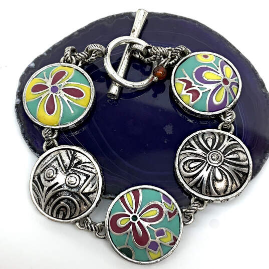 Designer Lucky Brand Silver-Tone Multicolor Enamel Floral Chain Bracelet image number 1