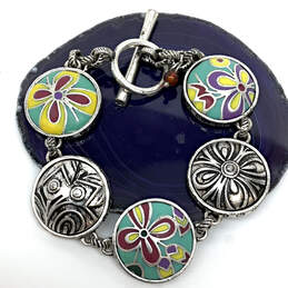Designer Lucky Brand Silver-Tone Multicolor Enamel Floral Chain Bracelet
